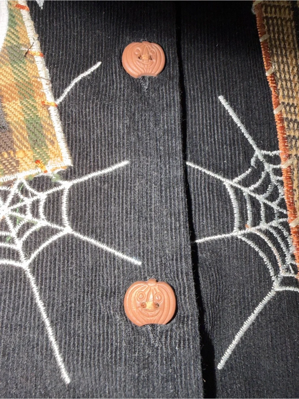 Vintage Black Corduroy Halloween Vest with Embroidered Patchwork Women’s XXL NWT